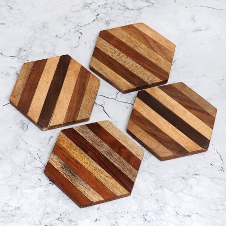 Modern Brown Wooden Coasters for Decor - Pack of 4